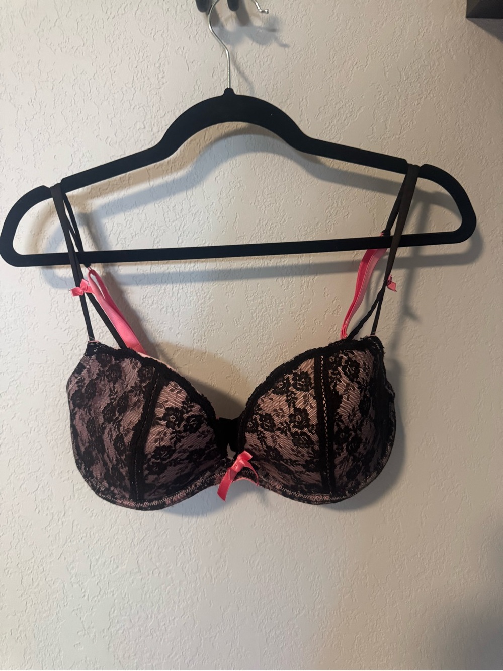Victoria K Black Lace Bra with Pink Lining and Accents